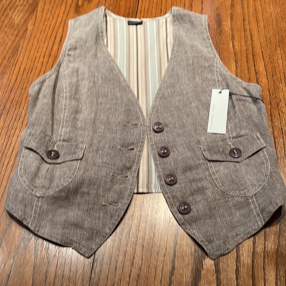 Lino Catalino Linen Vest In Taupe And Pinestripe Size 10 - Picture 2 of 10